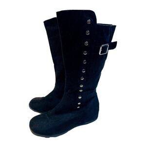 Girls Suede Boots Sz 6 Wanted Black Zip Close Brad Buckle Low Wedge Heel Junior